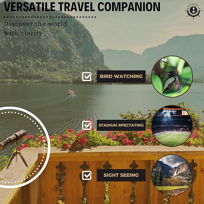 Vintage Brass Decor Telescope on Tripod, Antique Pirate Spyglass with Gift Box, Monocular Nautical Handheld Telescope Ideal for Home Decor, Gifting, Traveling, Kids, Bookshelf & Office Desk