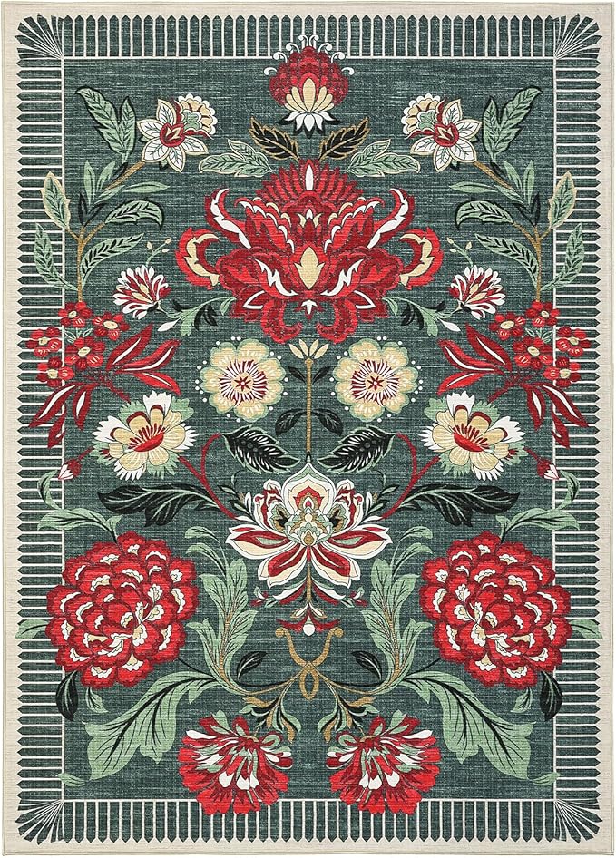 GarveeHome Floral Botanical Washable 9x12 Area Rug for Living Room Soft Grey Green Vintage Boho Cottage Large Rugs Low Pile Carpet for Bedroom Dining Nursery Rug