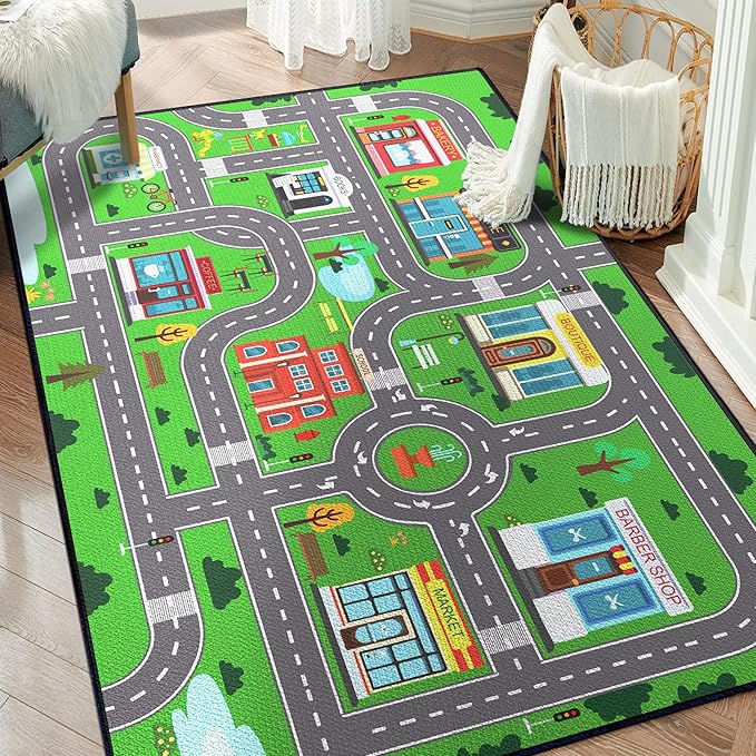 Play Rug for Playroom 59"x39" Car Mat Town City Road Map for Boys Bedroom Fun Car Play Area Carpet Non-Slip Washable