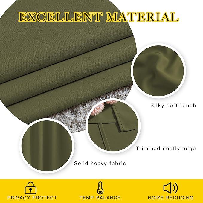 NICETOWN Blackout Olive Green Curtains 63 inches Long, Functional Blackout Window Treatments Thermal Drapes Privacy Assured for Bedroom, 2 Panels, W52 x L63
