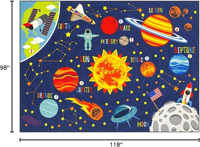 KC Cubs 8x10 Outer Space Solar System Toy Car Road Rug – Educational Play Mat Carpet for Kids, Toddlers, Nursery, Classroom, Playroom, Baby Daycare