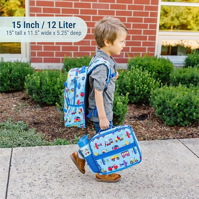 Wildkin ECO rPET 15-inch Kids Backpack – Sustainable, Padded, Adjustable – Trains, Planes & Trucks