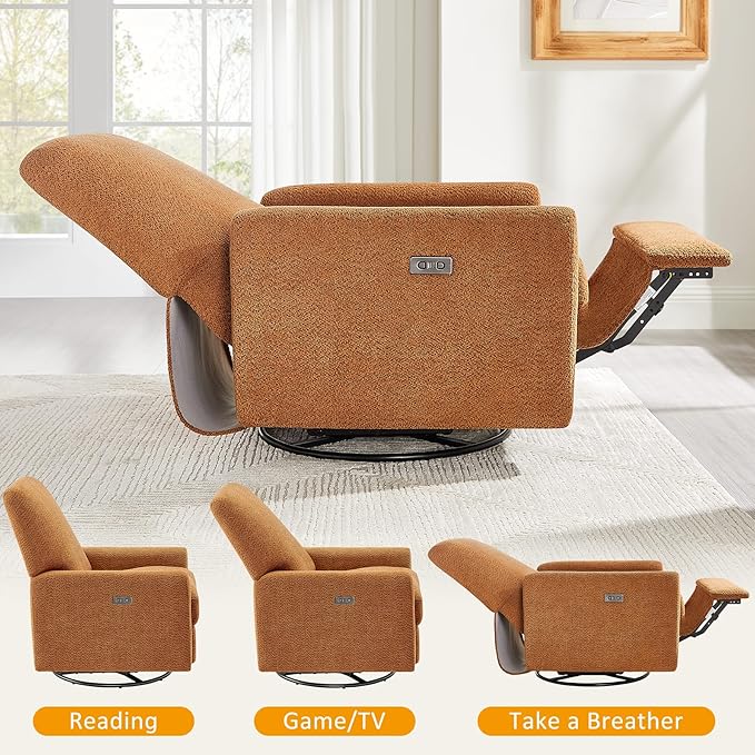 Power Swivel Glider Recliner Chair, Electric Nursery Rocker Recliner Chair, USB & Type-C Charger, Boucle Curry