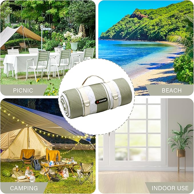 HX&OD Outdoor Picnic Blanket Extra Large, 80''*80' Waterproof Picnic Mat with Stakes Foldable Camping Blanket Portable with Carry Strap for Beach Mat (Green, 80''*80'')
