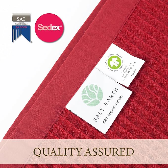 Salt Earth GOTS Certified 100% Organic Cotton Throw Blanket, 55" x 60" Waffle Blankets & Throws for Bed, Throw Blanket for Couch, Modern & Cozy Blanket, All Season,Comfy & Soft Blanket(Red Dahlia)