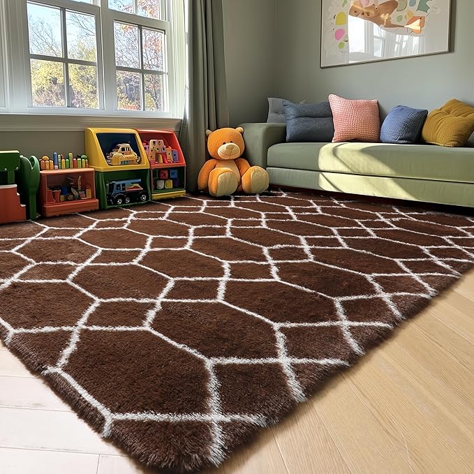 ONASAR 5x7 Area Rugs for Living Room Bedroom, Washable Fluffy Brown and White Throw Rug, Geometric Boho Soft Plush Shaggy Floor Bedside Carpet Mat for Nursery Kids Girls Boys Teen Dorm Home Decor