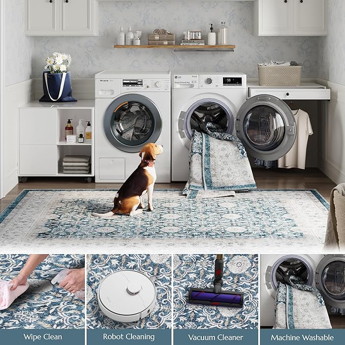 jinchan Floral 2x3 Rugs for Entryway - Machine Washable Dark Blue Vintage Distressed Boho Design Soft Faux Wool Small Non-Slip Doormat for Entrance Kitchen Living Room Bedroom (2‘x3',Dark Blue)