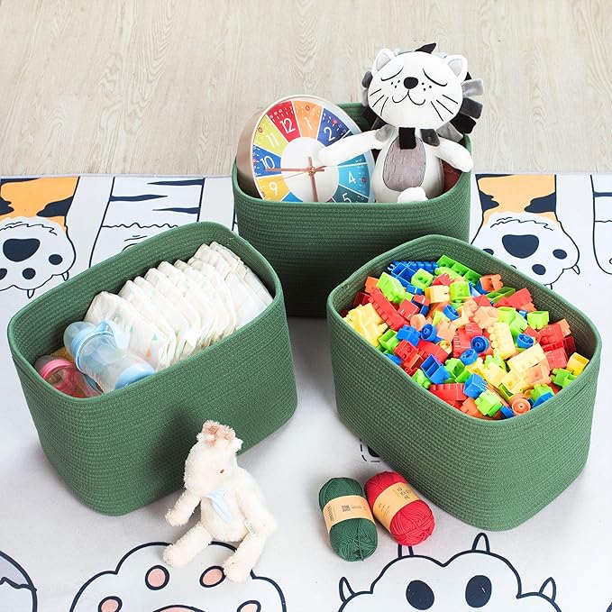 MINTWOOD Design 3-Pack Decorative Woven Storage Baskets for Shelves, Cube Bin Box for Organizing Books, Shoes, Dog Toys, Pantry Closet and Living Room Organizer, Forest Green