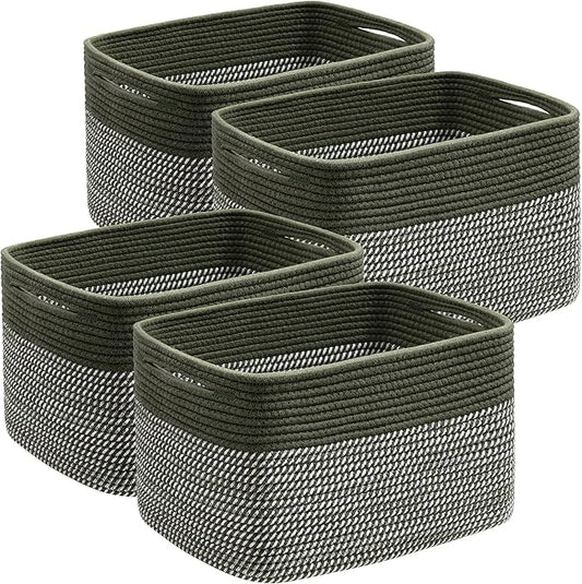 UBBCARE 4 Pack Baskets for Organizing, Woven Storage Baskets for Toys and Towel, Rectangle Cotton Rope Basket with Handles, 15''L x10''W x9''H, Mixed Green