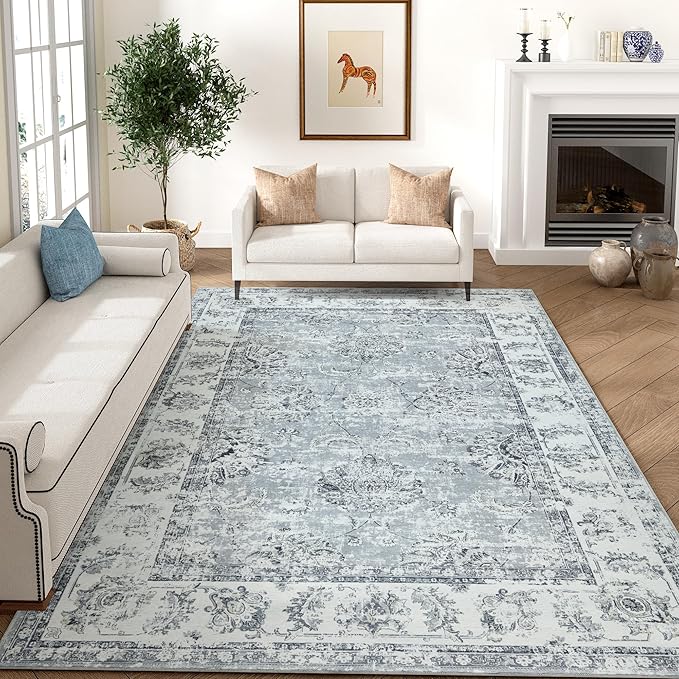 jinchan Washable Area Rug 8x10 for Living Room Soft Faux Wool Ultra-Thin Stain Resistant Non-Slip Distressed Vintage Floral Large Carpet for Bedroom,Dining Room,Home Office,Nursery(Grey, 8'x10')