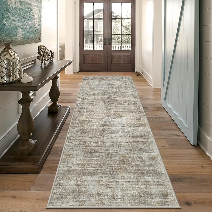 Runner Rug 2'6''x8' Kitchen Runner Rug: Modern Abstract Washable Area Rug with Non-Slip Backing, Thin Long Carpet Runner for Hallway, Bedroom, Laundry Room-Brown