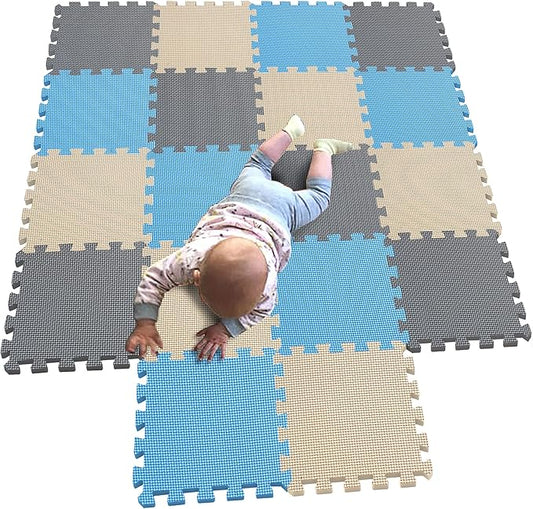 MQIAOHAM children puzzle mat play mat squares play mat tiles baby mats for floor puzzle mat soft play mats girl playmat carpet interlocking foam floor mats for baby blue beige grey 107110112