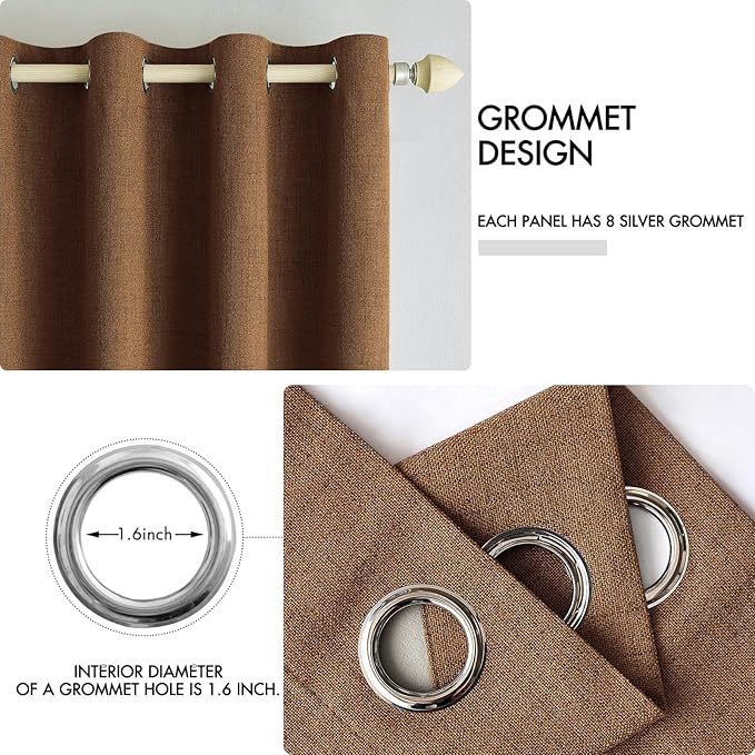 MIULEE Linen Curtains for Bedroom 100% Blackout Thermal Insulated Brown Grommet Room Darkening Curtains & Drapes Fall Decor for Living Room Nursery 52 x 63 Inch (2 Panels)