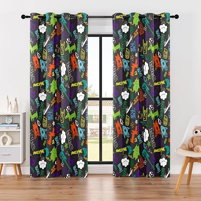Kids Teen Graffiti Space Blackout Curtains - 100% Blackout, Thermal Insulated, Noise Reducing, Perfect for Kids Room and Nursery, 2 Panels (Graffiti Space Vibes, W52×L84)