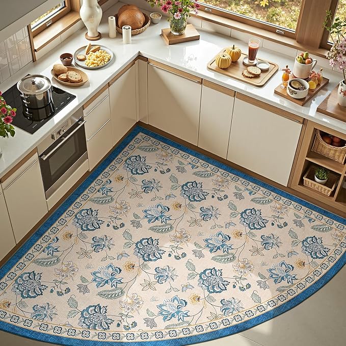 jinchan Floral Corner Rug for Kitchen Washable Nursery Rug Vintage Romance Design Non Slip Quarter Circle Lightweight Low-Pile Throw Carpet for Playroom Reading Nook Office, 5ft Radius, Blue/Beige