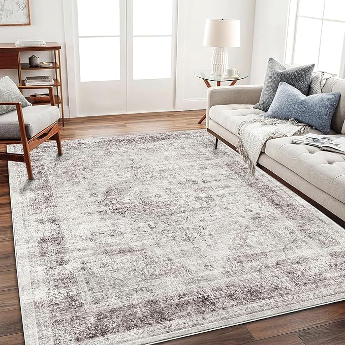 Area Rug 6'x9' Washable Floral red Vintage Traditional Floor Cover Thin Retro Kitchen Indoor Distressed Non Slip Carpet for Living Room Bedroom Dining Room