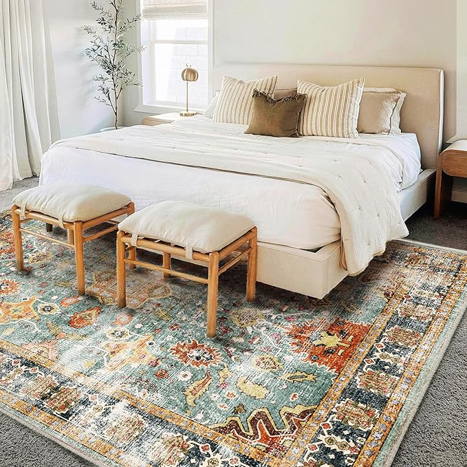 Area Rug 6'x9' Washable Vintage Traditional Distressed Thin Retro Kitchen Indoor Floor Cover Non Slip Carpet Floral Print Mat for Living Room Bedroom Dining Room