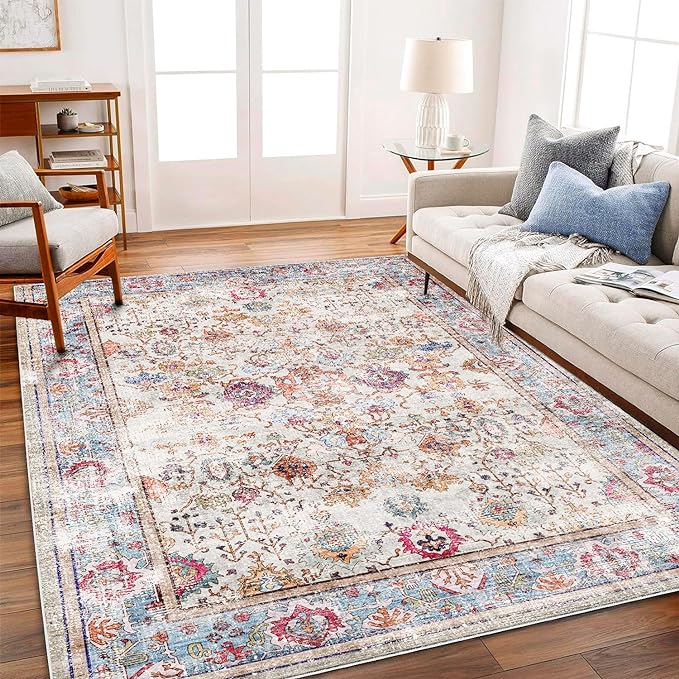 5'x7' Washable Vintage Area Rug Traditional Floor Cover Foldable Kitchen Accent Thin Rug Indoor Distressed Non Slip Carpet Floral Print Mat Bedroom Living Room Bathroom