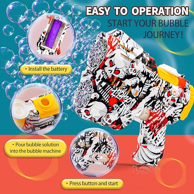 2 Pack Bubble Guns for Kids, Rechargeable LED Light Up Graffiti Bubbles Machine Blower with 2 Bottles Refill Solution for Kids 4-8, Bubble Makers Blaster for Toddlers