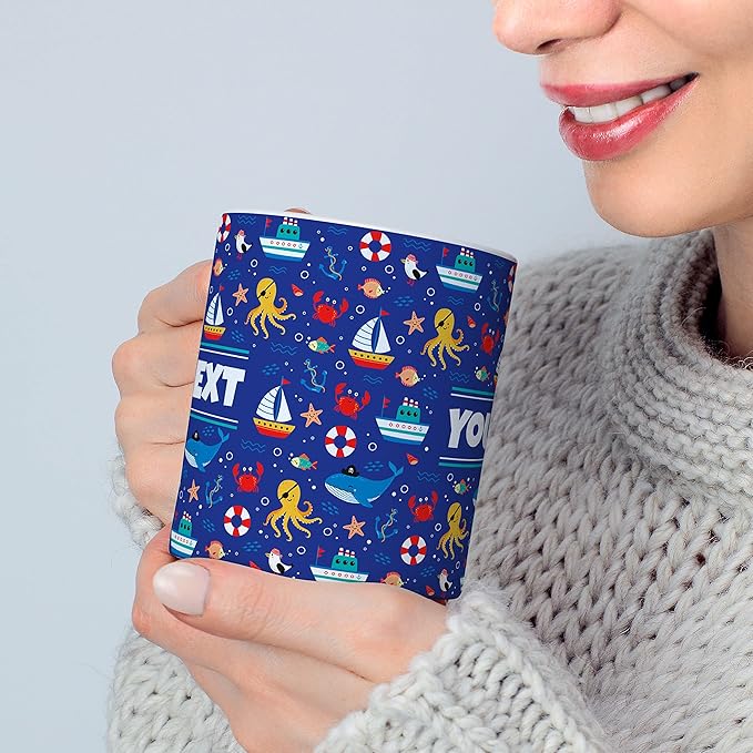 Personalized Mug for Kids - Nautical - Custom Name/Text, Ceramic Hot Chocolate/Cocoa/Coffee Cup for Boys/Girls, Birthday/Christmas/Holiday Gift - 11 oz, Navy Blue Handle