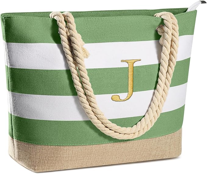 YOOLIFE Initial Canvas Waterproof Beach Tote Bag Zipper Personalized Gifts for Women Her Birthday Travel Beach Essential