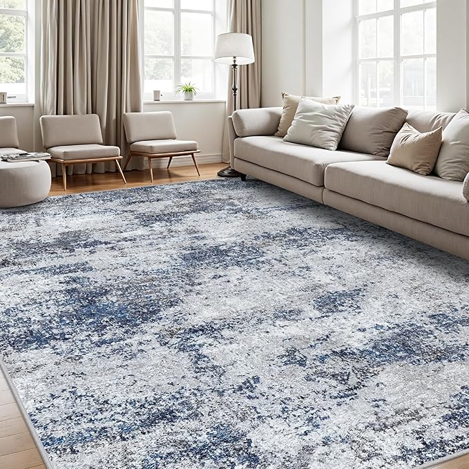 Area Rug 9x12 Washable Rugs: Abstract Large Living Room Rugs with Non-Slip Backing, Stain Resistant Indoor Floor Carpet for Bedroom Dining Room Table Nursery Hallway Home Office Blue/Gray/Black