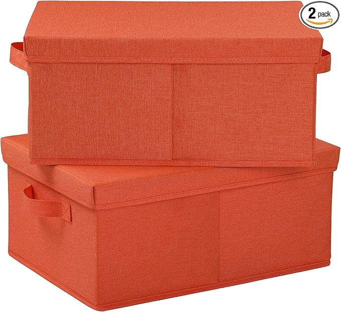 HOONEX Storage Bins with Lids for Organizing, Pack of 2, Storage Boxes with 2 Carrying Handles and Sturdy Heavy Cardboard, 16.5" L x 11.8" W x 7.5" H for Shoes, Books, Clothes, Nursery, Orange