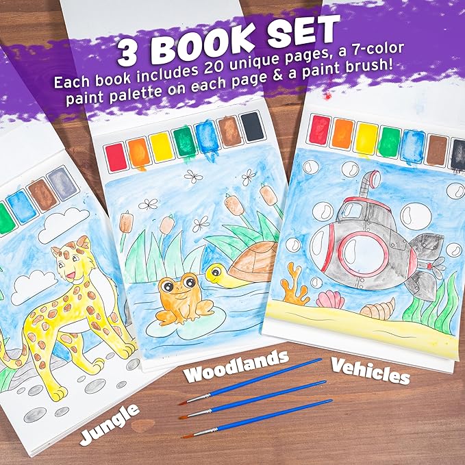 Imagination Works® Paint with Water Books for Kids, 3 Pack | Watercolor Coloring Book Set for Toddler Activities | Spillproof Kids Paint Palettes on Each Page (Jungle, Vehicles, Woodland)