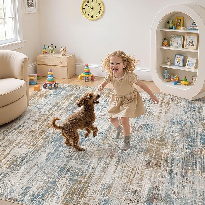 Area Rug for Living Room: 10x14 Washable Neutral Abstract Modern Soft Rugs Non Slip Indoor Floor Stain Resistant Large Carpet for Bedroom Dining Room Office Nursery - Blue Brown