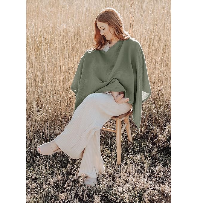 Konssy Muslin Nursing Cover for Breastfeeding, 360° Full Privacy Breathable 100% Cotton Breastfeeding Cover, Multi-use Carseat Canopy(Fog Green)