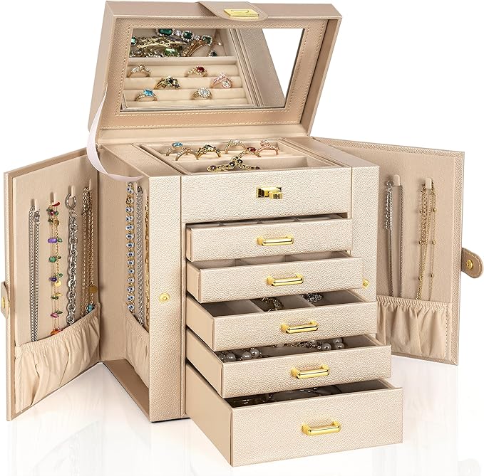 AKOZLIN 6-Tier Jewelry Box Organizer Functional Leather Jewelry Storage Case for Women Girls Ring Necklace Earring Bracelet Holder Organizer with Mirror