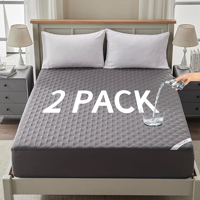 2 Pack Waterproof Mattress Protector, Twin Size Mattress Pad Noiseless with Deep Pocket Fitted for 6"-15", Breathable Dirt-Proof Single Bed Mattress Cover for Bedroom, Dorm Room (Gray)