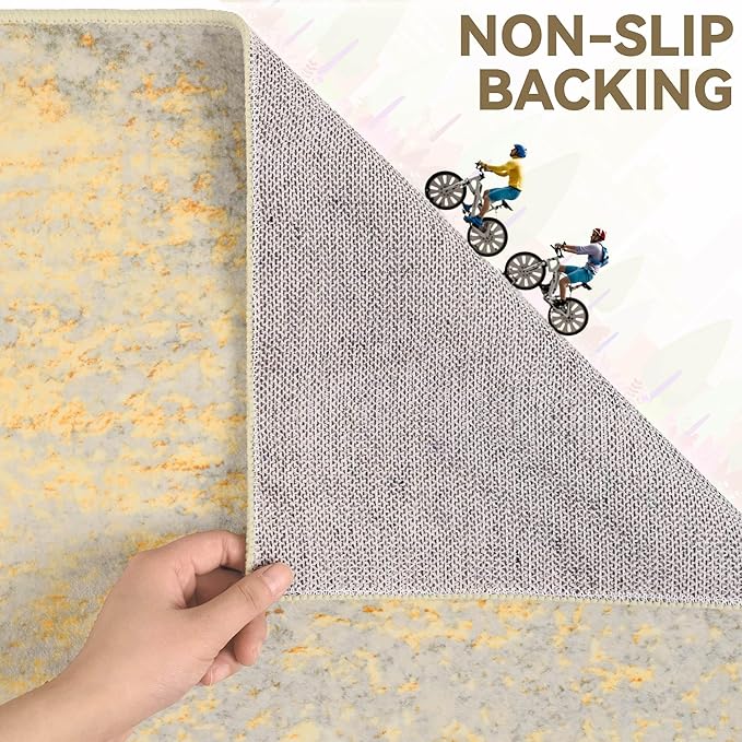 Living Room Rugs 6x9 Gold Washable Area Rug, Abstract Modern Bedroom Rugs Non Slip Stain Resistant Neutral Large Carpet for Nursery, Dining, Kids Playroom, Dining Room, Office