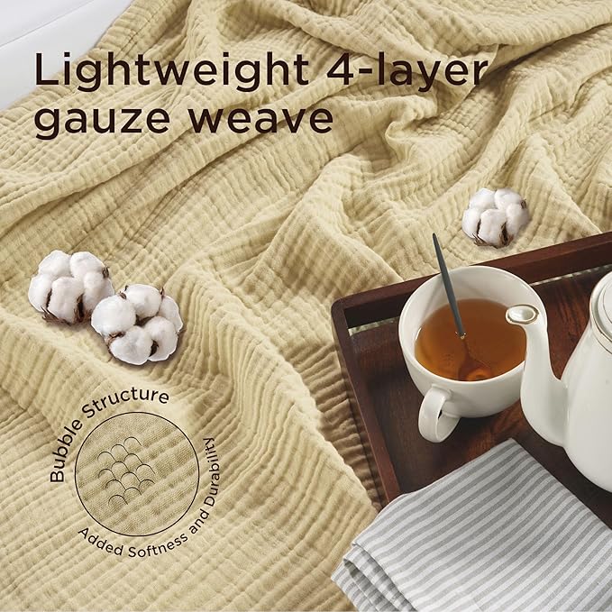 Threadmill King Size Blanket | 4 Layer 100% Cotton Gauze | Lightweight, Breathable, and Cozy Summer |Muslin Blanket for Couch, Bed| Beige