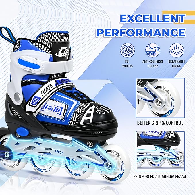 Adjustable Inline Skates for Kids, Teens, and Adults – ABEC-7 Bearings, PU Wheels, Comfortable Fit, for Indoor and Outdoor Skating