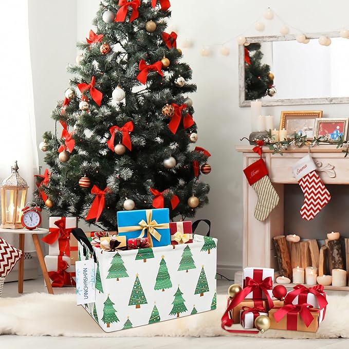 LANGYASHAN Rectangular Storage Bin Collapse Canvas Fabric Cartoon Storage Basket with Handles for Organizing Home Kitchen Boys and Girls Toys Office Closet Shelf Baskets (Rec christmas tree)