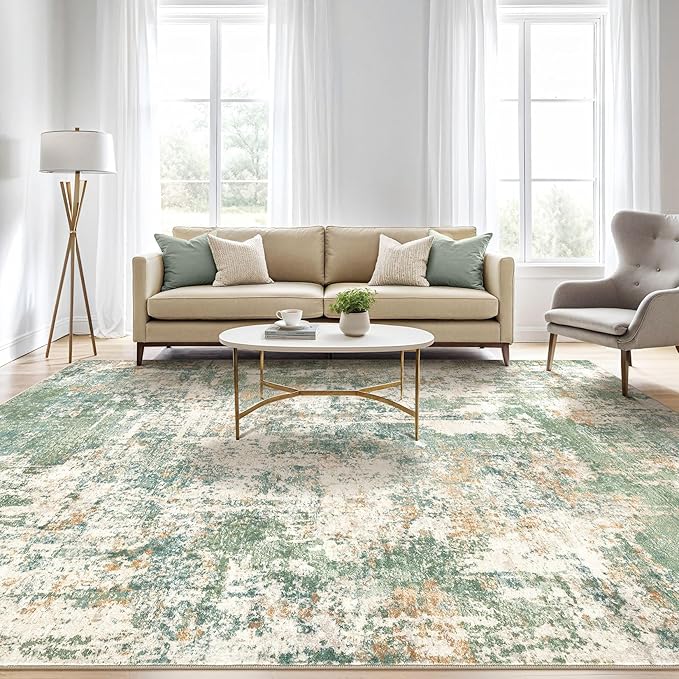 8x10 Area Rugs Living Room: Washable Large Abstract Soft Green Rug Stain Resistant Indoor Floor Non-Slip Accent Carpet for Men Modern Home Enthusiasts Aged 25-45 - Bedroom Office Playroom