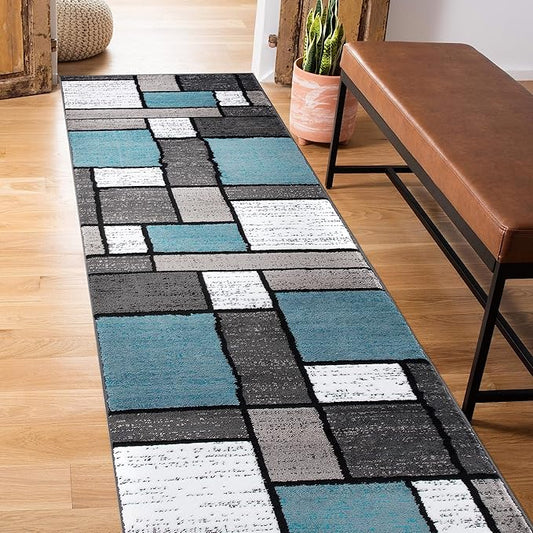 Rugshop Contemporary Modern Boxes for Home Office,Living Room,Bedroom,Kitchen Non Shedding Runner Rug 2' x 10' Blue/Gray