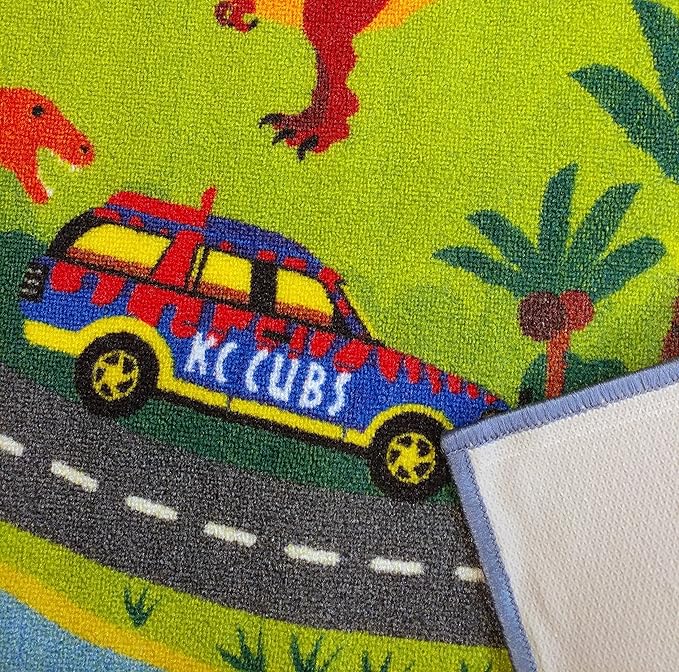 KC Cubs 3x5 Dinosaur Toy Car Dino Road Rug – Educational Play Mat Carpet for Kids, Toddlers, Nursery, Classroom, Playroom, Baby Daycare, Boys & Girls