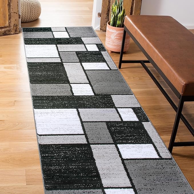 Contemporary Modern Boxes Grey Area Rug Runner 2' x 7' 2"