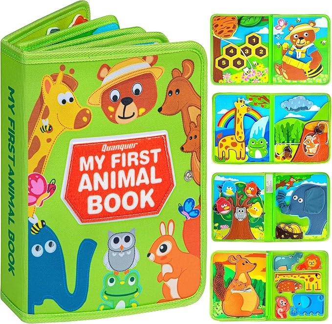 Quanquer Animals Busy Book for Toddlers 1-3 – Montessori Sensory Toys Busy Board for 1 Year Old, Educational Learning Activity Book, Quiet Travel Toy for Car & Airplane, Birthday Gifts for Age 1 2 3