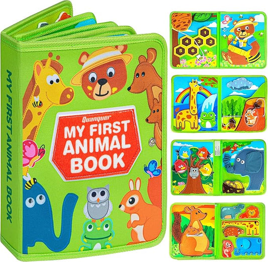 Quanquer Animals Busy Book for Toddlers 1-3 – Montessori Sensory Toys Busy Board for 1 Year Old, Educational Learning Activity Book, Quiet Travel Toy for Car & Airplane, Birthday Gifts for Age 1 2 3
