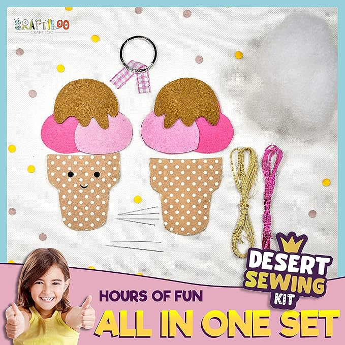 12 Pre-Cut Mini Treats Dessert Fun Kids Sewing Kit for Kids Ages 8-12 Children Beginners Sewing kit kid crafts Make Your Own Felt Pillow Plush Craft Kit Girls and Boys Art Craft Kits Learn to Sew Kit