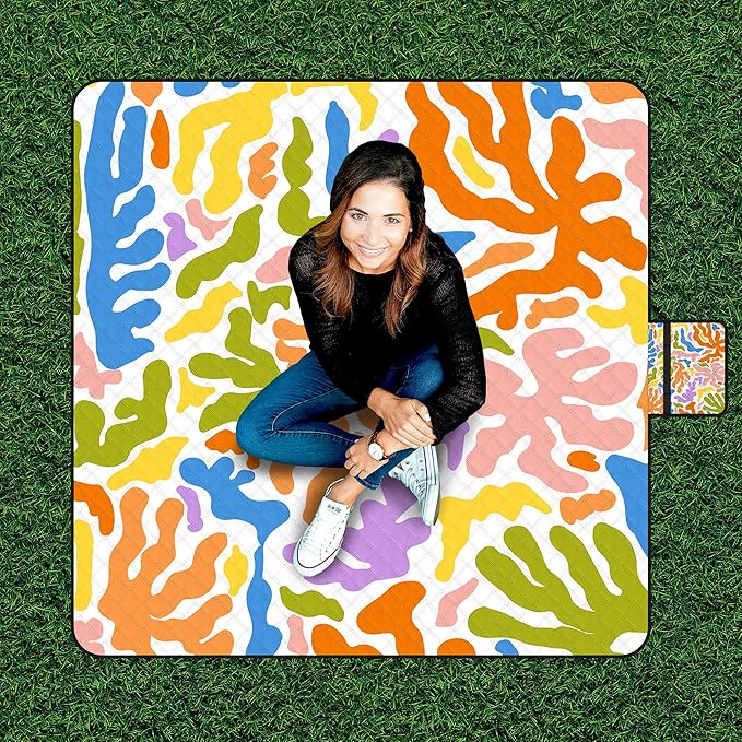 Picnic Blankets Sandproof Waterproof, Extra Large 79''x79'' Foldable & Portable Beach Blanket, 3-Layer Fabric Outdoor Mat for Family Camping, Park, Travel, Grass Lawn, outdoor-Tropical Color Splash