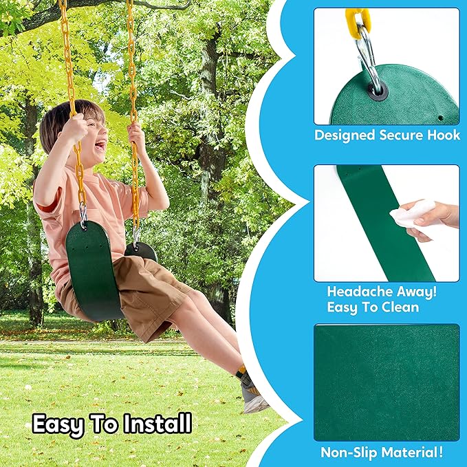 TURFEE 3 Pack Green Swing Seats Heavy Duty with 66" Chain, Swing Set Accessories Replacement with Snap Hooks for Kids Outdoor Play Playground, Trees, Backyard (Limit 300lb)