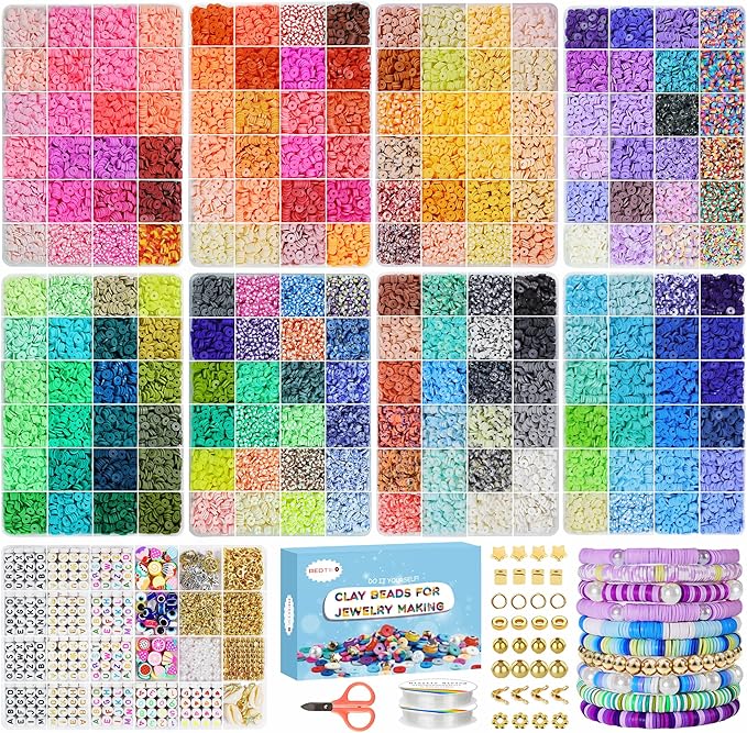 Redtwo 32000 Pcs Clay Beads Bracelet Making Kit, 9 Boxes 192 Colors Friendship Bracelet Kit Flat Polymer Heishi Beads for Jewelry Making, Crafts Gift for Girls Ages 6-12