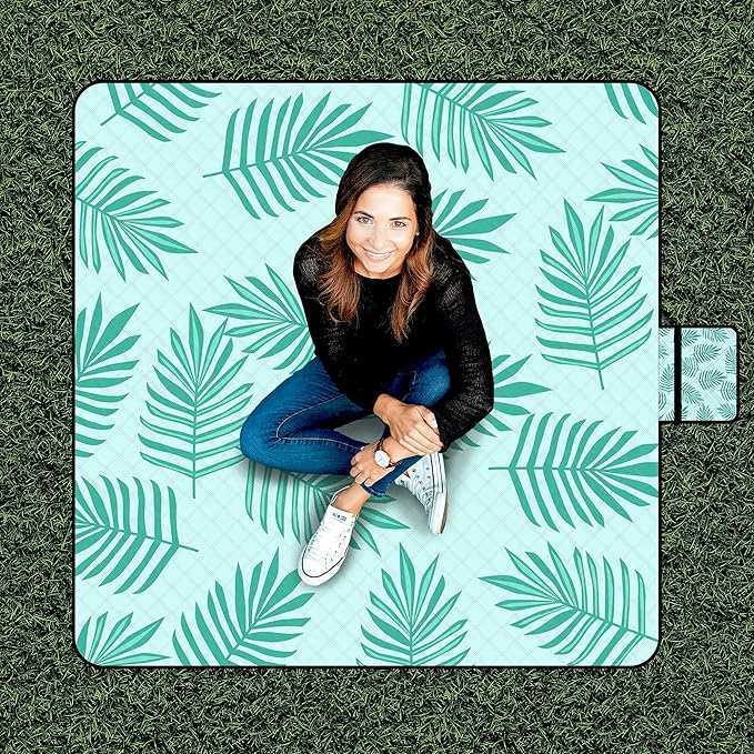 Picnic Blankets Waterproof Sandproof, 79''x79'' Extra Large Foldable & Portable Beach Blanket, 3-Layer Fabric Outdoor Mat for Family Camping, Park, Travel, Grass Lawn, Adults & Kids-Tropical Fern
